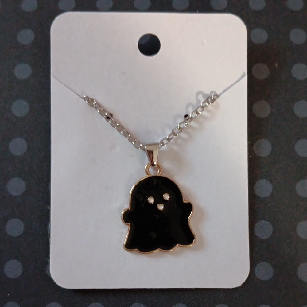 Cute Black Halloween Spooky Ghost Enamel Pendant Necklace New!